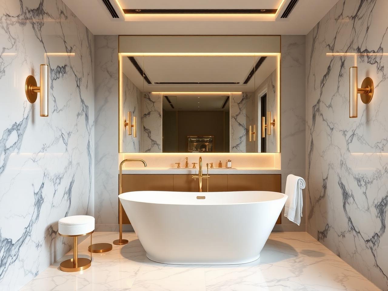 Luxury master bathroom with freestanding tub and marble walls