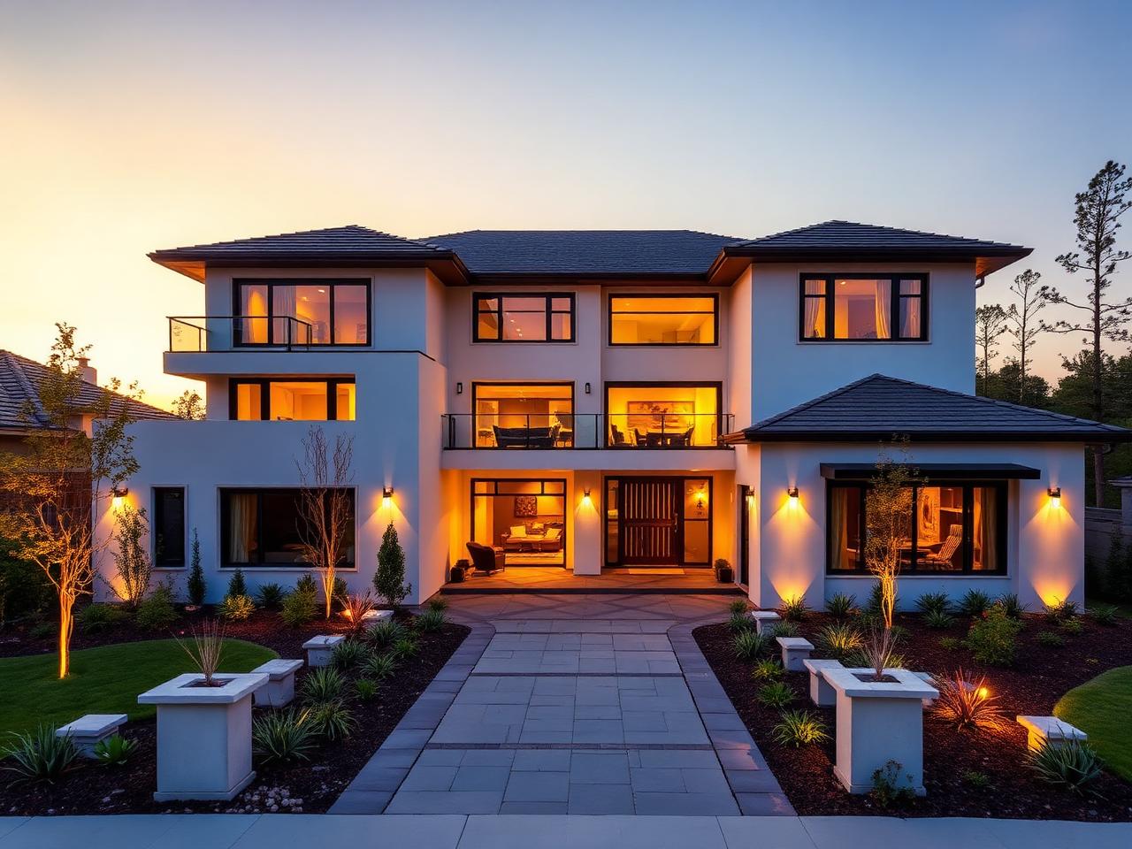 Modern luxury home exterior at dusk with warm lighting
