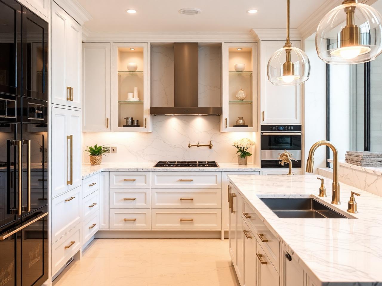 Luxury renovated kitchen with marble countertops and brass fixtures